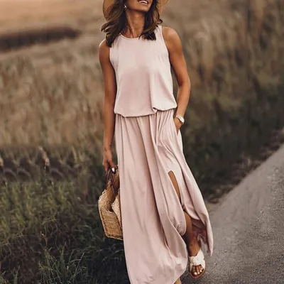 Women Summer Dresses Fashion Side Slit Long Dress With Pockets Vestidos Solid Casual O-Neck Sleeveless A-Line Sundress For Holiday