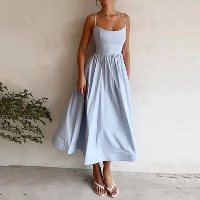 Lady Temperament Commute Low-cut Slim Fit Waist Trimming Spaghetti Straps Dress