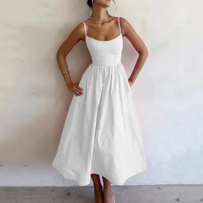 Lady Temperament Commute Low-cut Slim Fit Waist Trimming Spaghetti Straps Dress