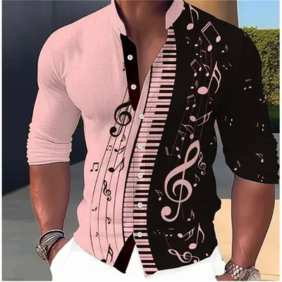 Men's Fashion Music Print Casual Stand Collar Long Sleeve Shirt