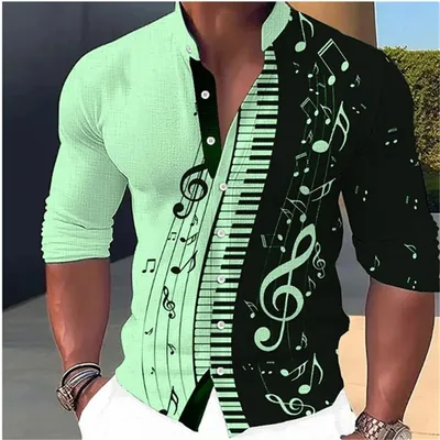 Men's Fashion Music Print Casual Stand Collar Long Sleeve Shirt