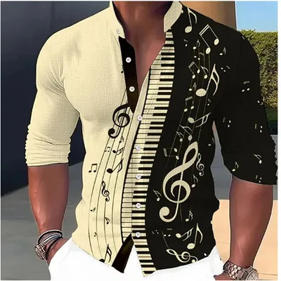 Men's Fashion Music Print Casual Stand Collar Long Sleeve Shirt