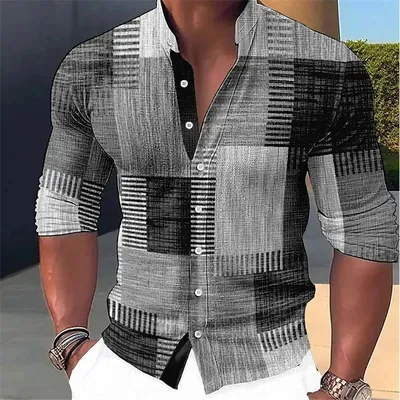 Men's Fashion Music Print Casual Stand Collar Long Sleeve Shirt