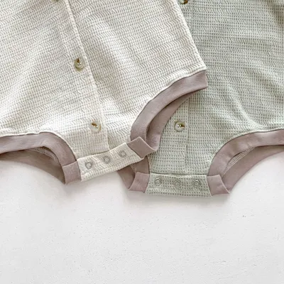 Baby Waffle Round Neck Solid Color Open Buckle Triangle Overalls