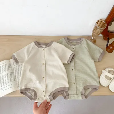 Baby Waffle Round Neck Solid Color Open Buckle Triangle Overalls