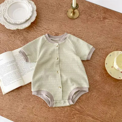 Baby Waffle Round Neck Solid Color Open Buckle Triangle Overalls