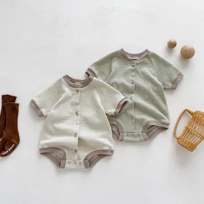 Baby Waffle Round Neck Solid Color Open Buckle Triangle Overalls