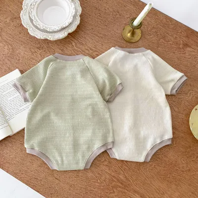 Baby Waffle Round Neck Solid Color Open Buckle Triangle Overalls