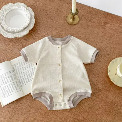 Baby Waffle Round Neck Solid Color Open Buckle Triangle Overalls