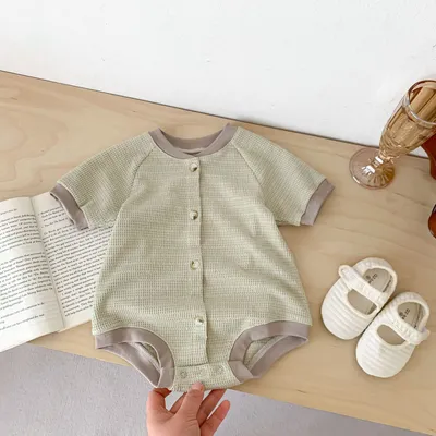 Baby Waffle Round Neck Solid Color Open Buckle Triangle Overalls