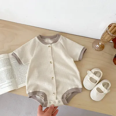 Baby Waffle Round Neck Solid Color Open Buckle Triangle Overalls