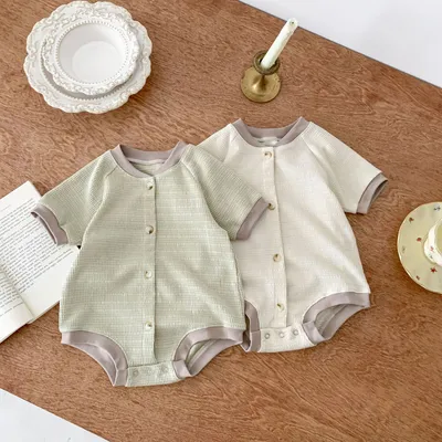 Baby Waffle Round Neck Solid Color Open Buckle Triangle Overalls