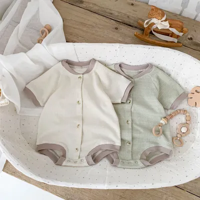 Baby Waffle Round Neck Solid Color Open Buckle Triangle Overalls