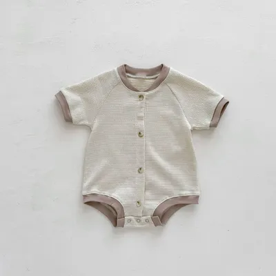 Baby Waffle Round Neck Solid Color Open Buckle Triangle Overalls
