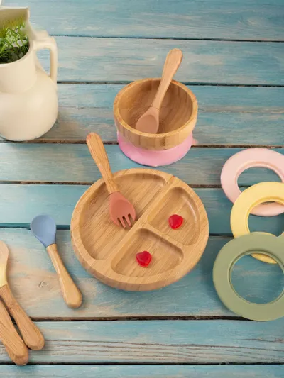 Bamboo Round Compartment Fruit Plate Tray Japanese Home Hotel Supplies Fruit Plate Dinner Plate With Strong Silicone