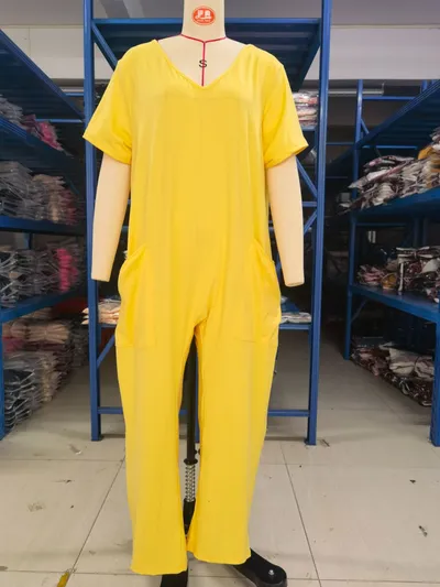 European And American Solid Color And V-neck Oversized Pocket Low-grade Jumpsuit