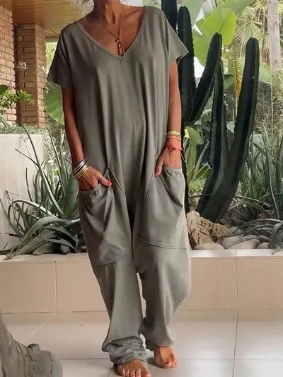 European And American Solid Color And V-neck Oversized Pocket Low-grade Jumpsuit