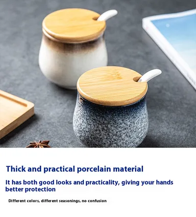 Kitchen Supplies Ceramic Wooden Lid Spoon Seasoning Bottle