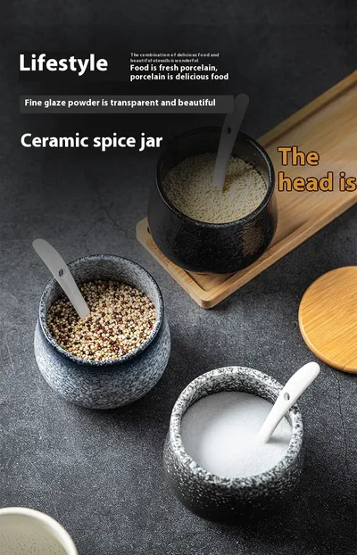 Kitchen Supplies Ceramic Wooden Lid Spoon Seasoning Bottle