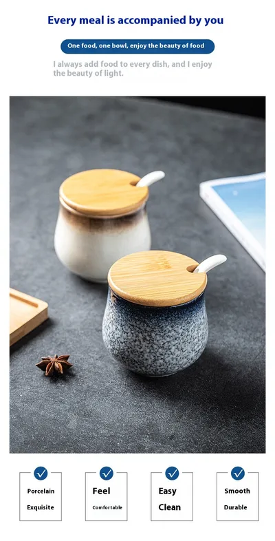 Kitchen Supplies Ceramic Wooden Lid Spoon Seasoning Bottle