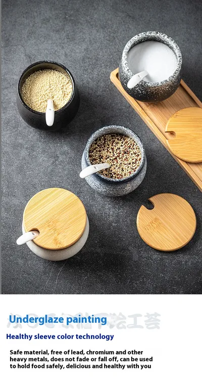 Kitchen Supplies Ceramic Wooden Lid Spoon Seasoning Bottle