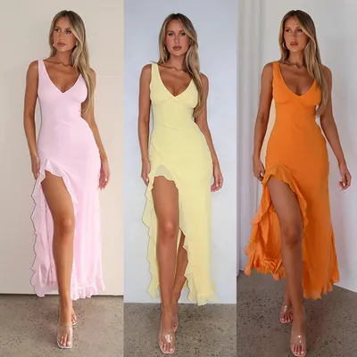 Women's Ruffles Split Suspender Dress Sexy Slim-fit V-neck Evening Party Dresses Clothing