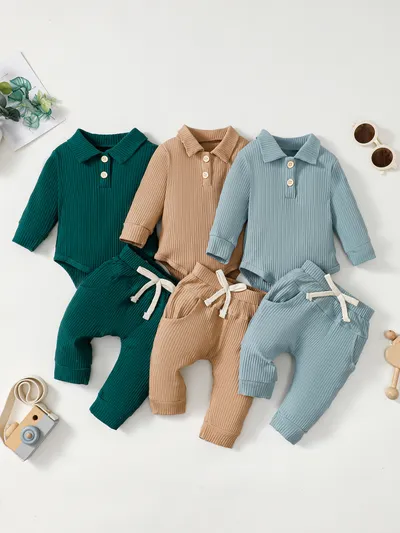 Baby Boy Cotton Hollow Striped Polo Shirt Trousers Suit