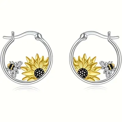 Sunflower Bee Round Ring Earrings Color Meiko