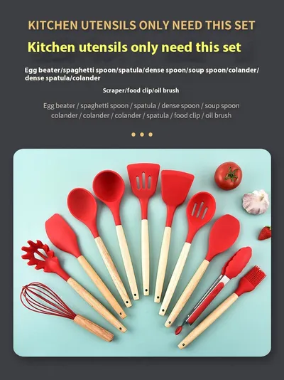 Wooden Handle Silicone 12-piece Cooking Non-stick Cooker Silicone Kitchenware