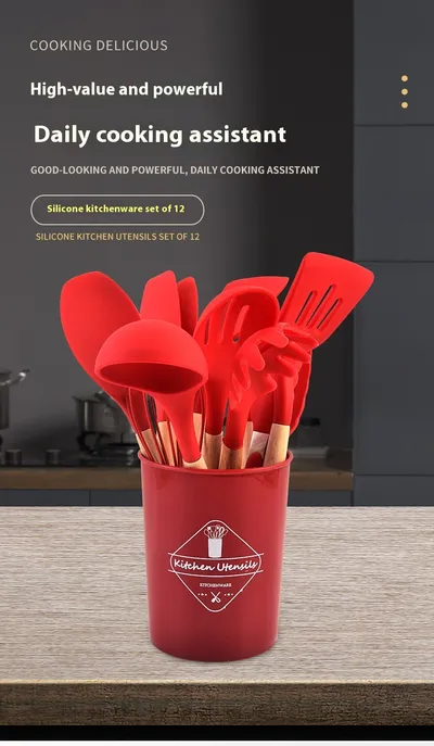 Wooden Handle Silicone 12-piece Cooking Non-stick Cooker Silicone Kitchenware
