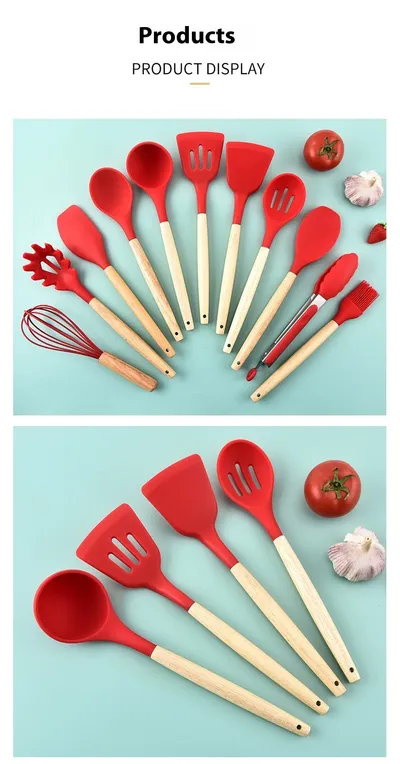 Wooden Handle Silicone 12-piece Cooking Non-stick Cooker Silicone Kitchenware