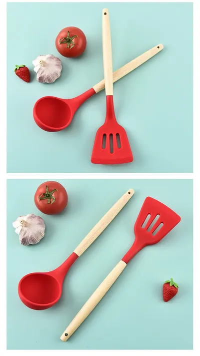 Wooden Handle Silicone 12-piece Cooking Non-stick Cooker Silicone Kitchenware