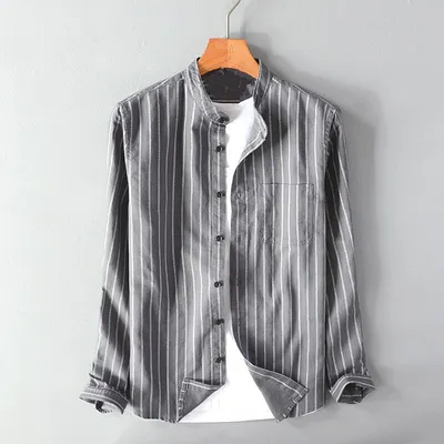 Casual Long Sleeve Striped Stand Collar Men's Shirt