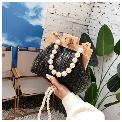 Women's Straw Beach Pearl Chain Woven Shoulder Bag