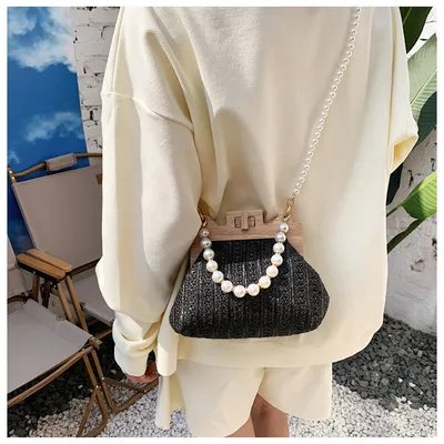 Women's Straw Beach Pearl Chain Woven Shoulder Bag