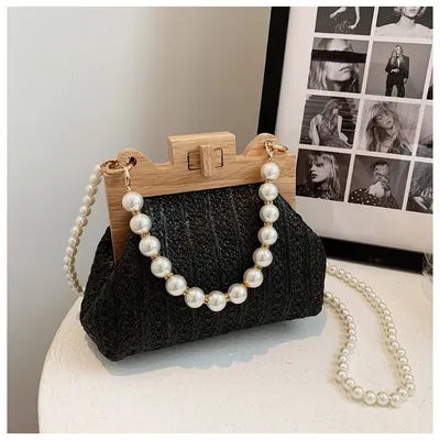 Women's Straw Beach Pearl Chain Woven Shoulder Bag