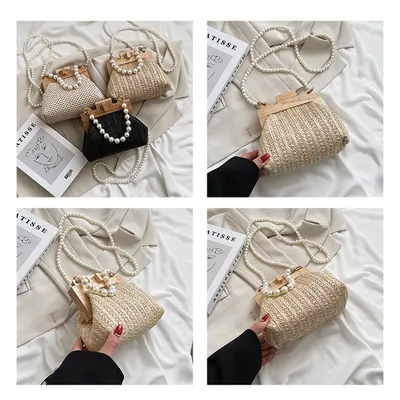 Women's Straw Beach Pearl Chain Woven Shoulder Bag