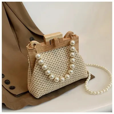 Women's Straw Beach Pearl Chain Woven Shoulder Bag