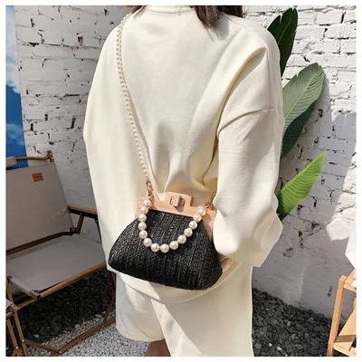 Women's Straw Beach Pearl Chain Woven Shoulder Bag