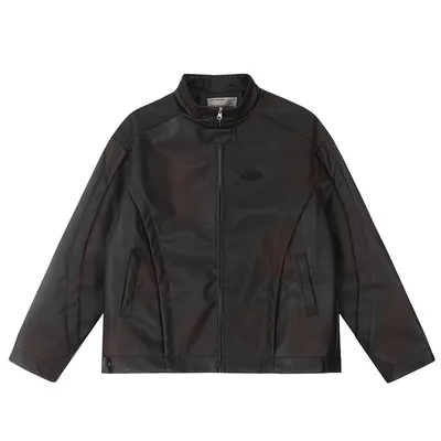 Design Sense Spray Paint Distressed Dirty Stand Collar PU Leather Jacket