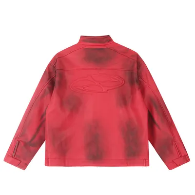 Design Sense Spray Paint Distressed Dirty Stand Collar PU Leather Jacket