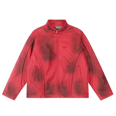 Design Sense Spray Paint Distressed Dirty Stand Collar PU Leather Jacket