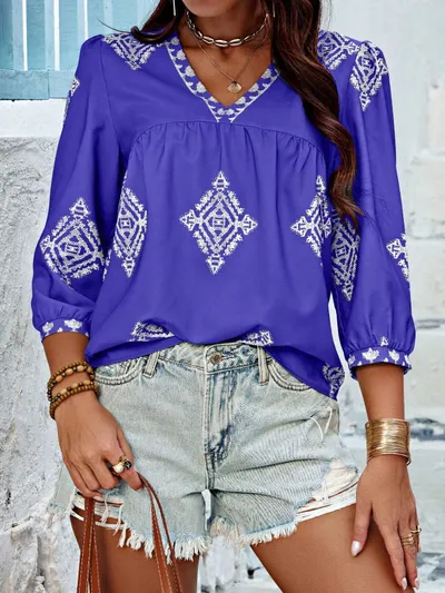 Fashion Printed Bags Three-quarter Sleeve V-neck Women's Blouse