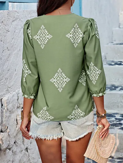 Fashion Printed Bags Three-quarter Sleeve V-neck Women's Blouse