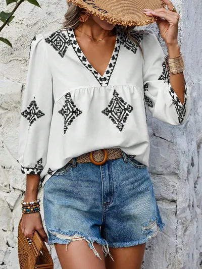Fashion Printed Bags Three-quarter Sleeve V-neck Women's Blouse