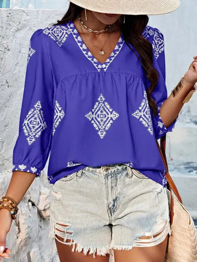 Fashion Printed Bags Three-quarter Sleeve V-neck Women's Blouse
