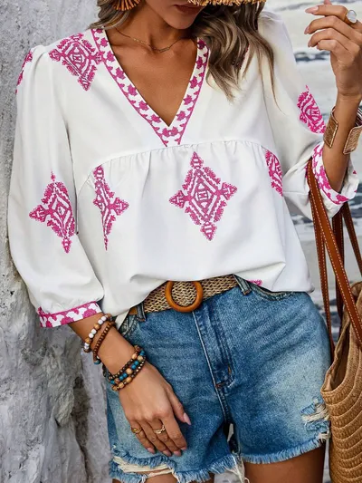 Fashion Printed Bags Three-quarter Sleeve V-neck Women's Blouse