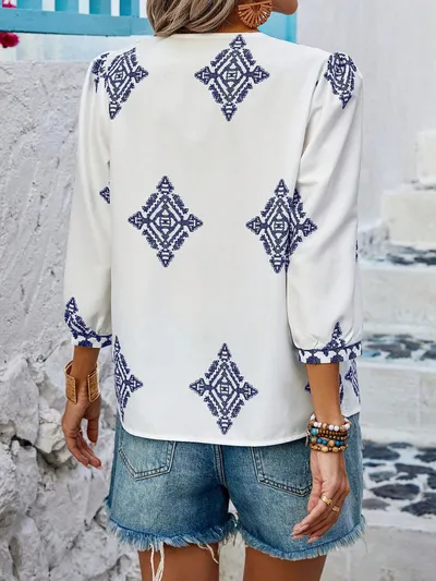 Fashion Printed Bags Three-quarter Sleeve V-neck Women's Blouse