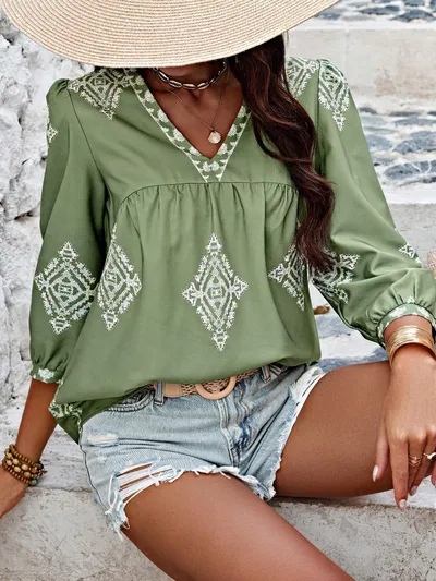 Fashion Printed Bags Three-quarter Sleeve V-neck Women's Blouse