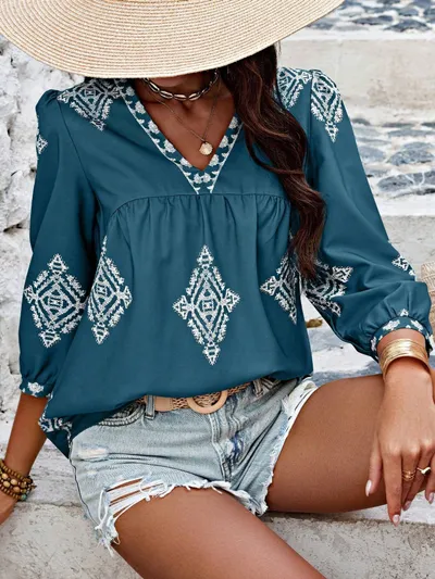 Fashion Printed Bags Three-quarter Sleeve V-neck Women's Blouse